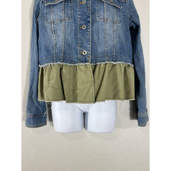 Anthropologie x Pilcro and the Letterpress Green Ruffle Denim Jacket Size Small - Picture 2 of 8